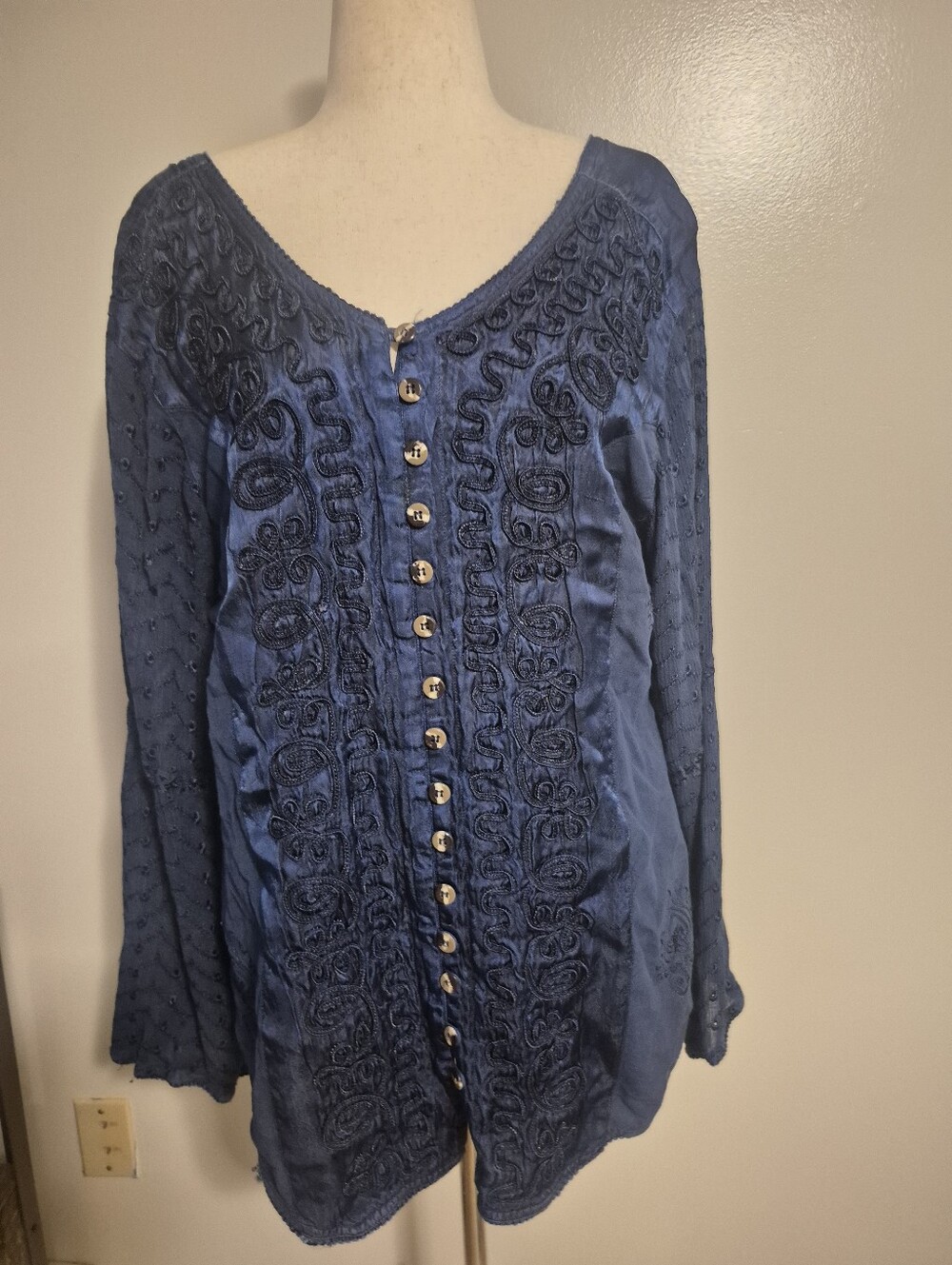 Holy Clothing XL 1X Hippie REN FAIRE Embroidered Navy Women’s Blouse EYELETS